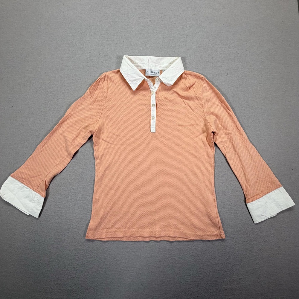 Villager Polo Top Womens Small Good Peach Contrast Collar‎ Waffle Knit Cotton